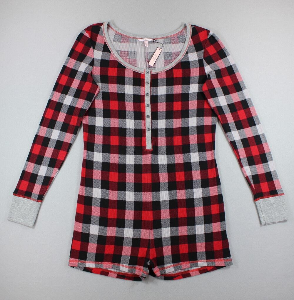 Victoria's Secret Pajama Romper Womens L Red Plaid One Piece Thermal Henley
